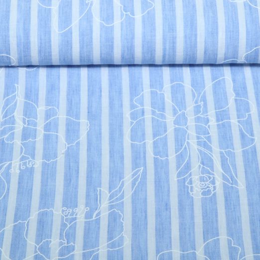 Tissu robes et blouses - fleurs rayures impression caoutchouc bleu Tissu robes et blouses - fleurs rayures impression caoutchouc bleu
