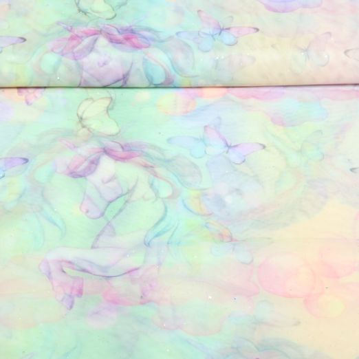 Tulle souple - Licornes et papillons scintillants Multicolore