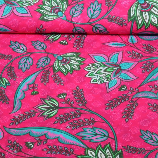 Baumwoll-Webware - Beach Kollektion Digital Blumen Bogenkante Fuchsia