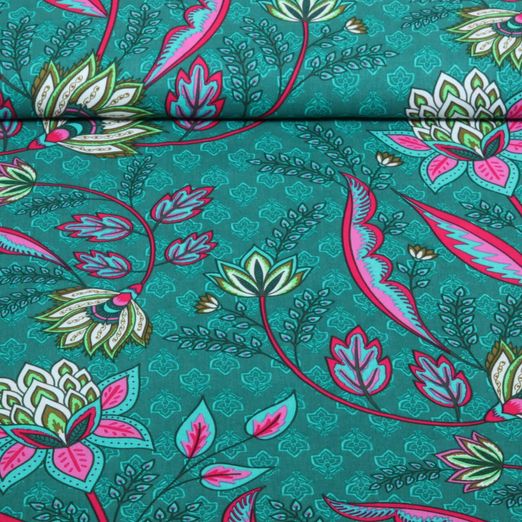 Voile de viscose - Collection Beach Fleurs Boho Bleu pétrole