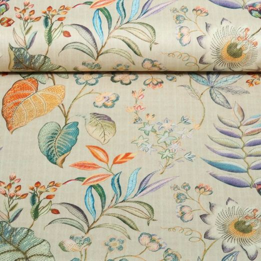 Toile lin - Aspect numérique Fleurs Feuilles Naturel Toile lin - Aspect numérique Fleurs Feuilles Naturel