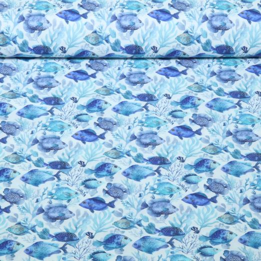 Baumwoll-Popeline - Digital Fische Weiß Blau Baumwoll-Popeline - Digital Fische Weiß Blau