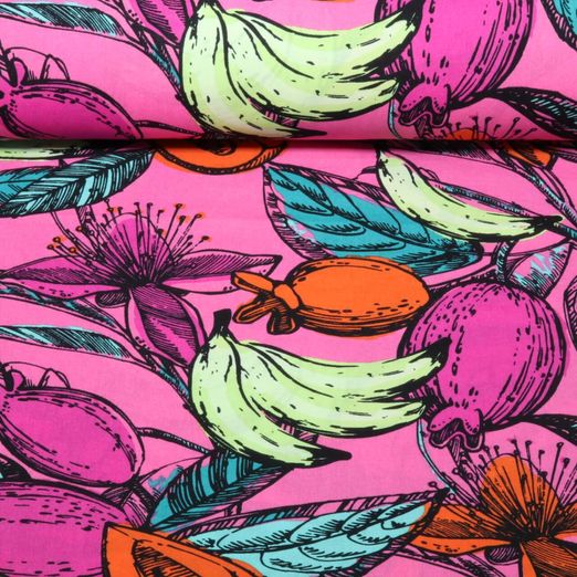 Baumwoll-Viskose -  Voile Früchte Blüten Pink
