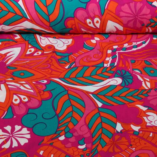 Viskose - Blumen und Blätter Fuchsia Viskose - Blumen und Blätter Fuchsia