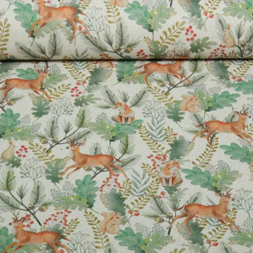 Toile canevas - Effet lin, impression numérique « Animaux de la forêt », Beige