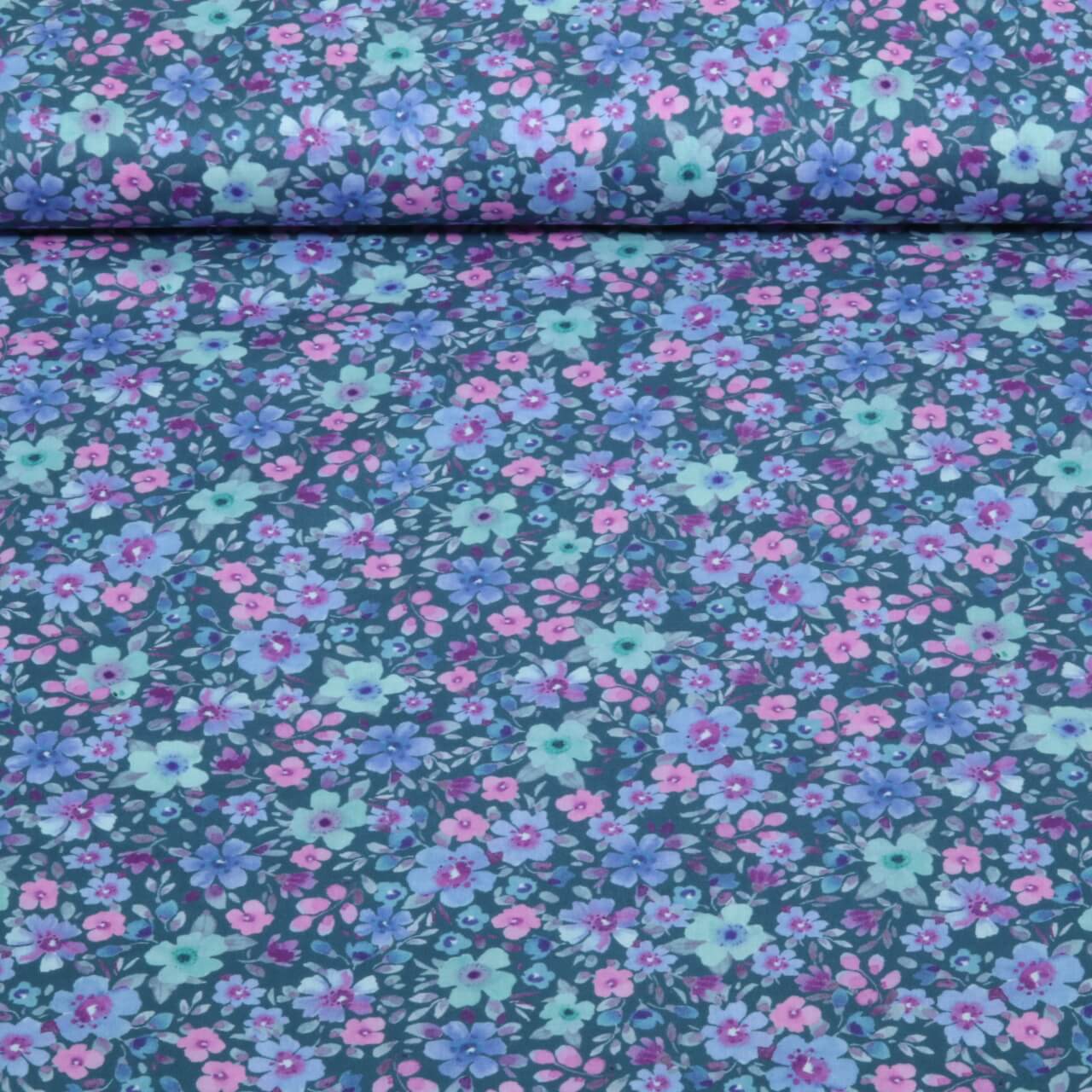 Baumwoll-Popeline - Digital Kleine Blüten Petrol-0 Baumwoll-Popeline - Digital Kleine Blüten Petrol-0