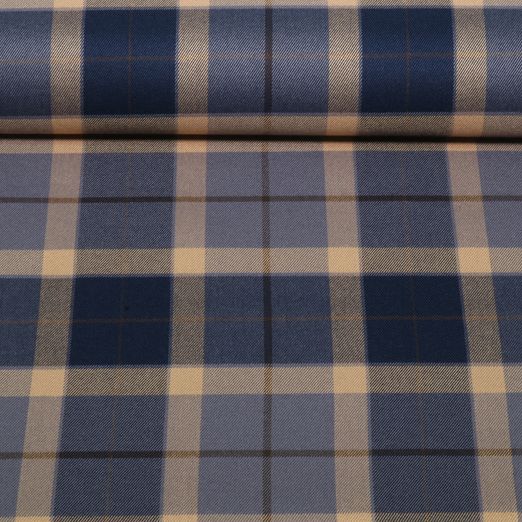 Tissu mode - Motif tartan à carreaux bleu marine et camel