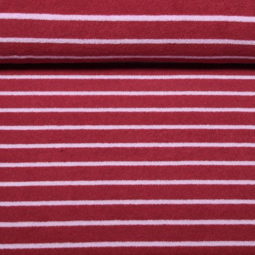 Tissu d'éponge extensible - Rayures bordeaux et violet, teint dans la masse