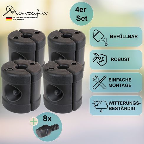 Set Di 4 Borre Per Tenda Da Giardino E Gazebo - Pesi D'Acqua In PVC 500D, Capacità 79,8kg Totali (88L L'una), Antivento, Nere