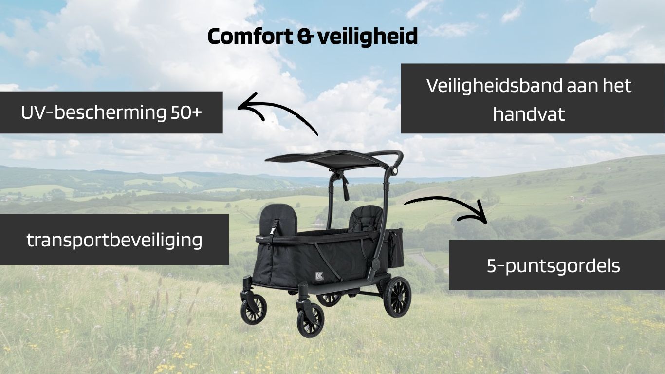 Het zonnedak biedt UV 50+ bescherming, de zitplaatsen zijn uitgerust met 5-puntsgordels en een transportvergrendeling voorkomt uitklappen tijdens het dragen.