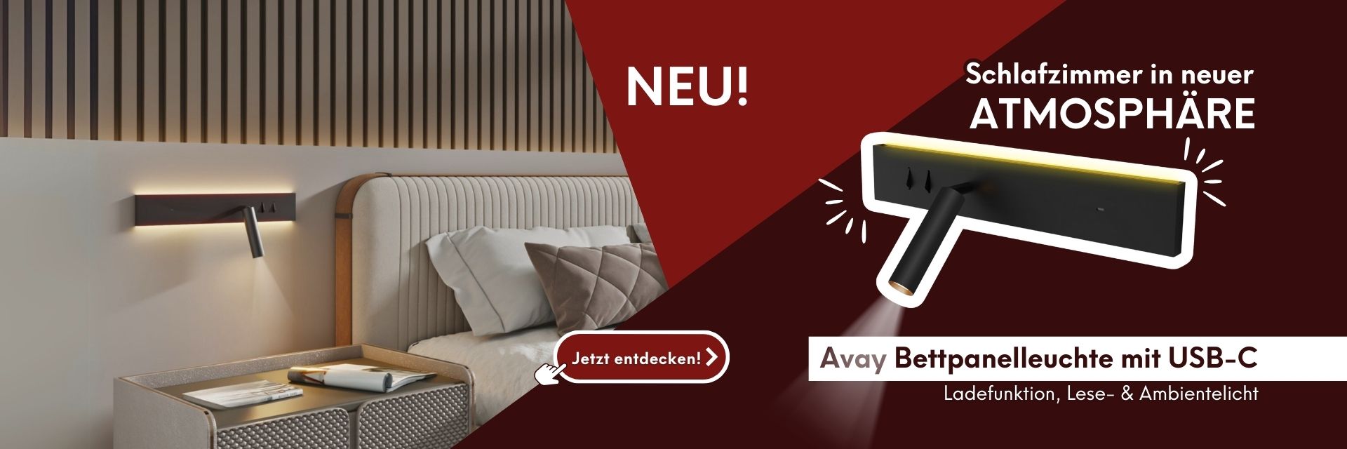 Moderne LED-Bettleuchte mit USB-C-Ladeanschluss, Lesespot und Ambientelicht – ideal für Hotelzimmer und Schlafzimmer