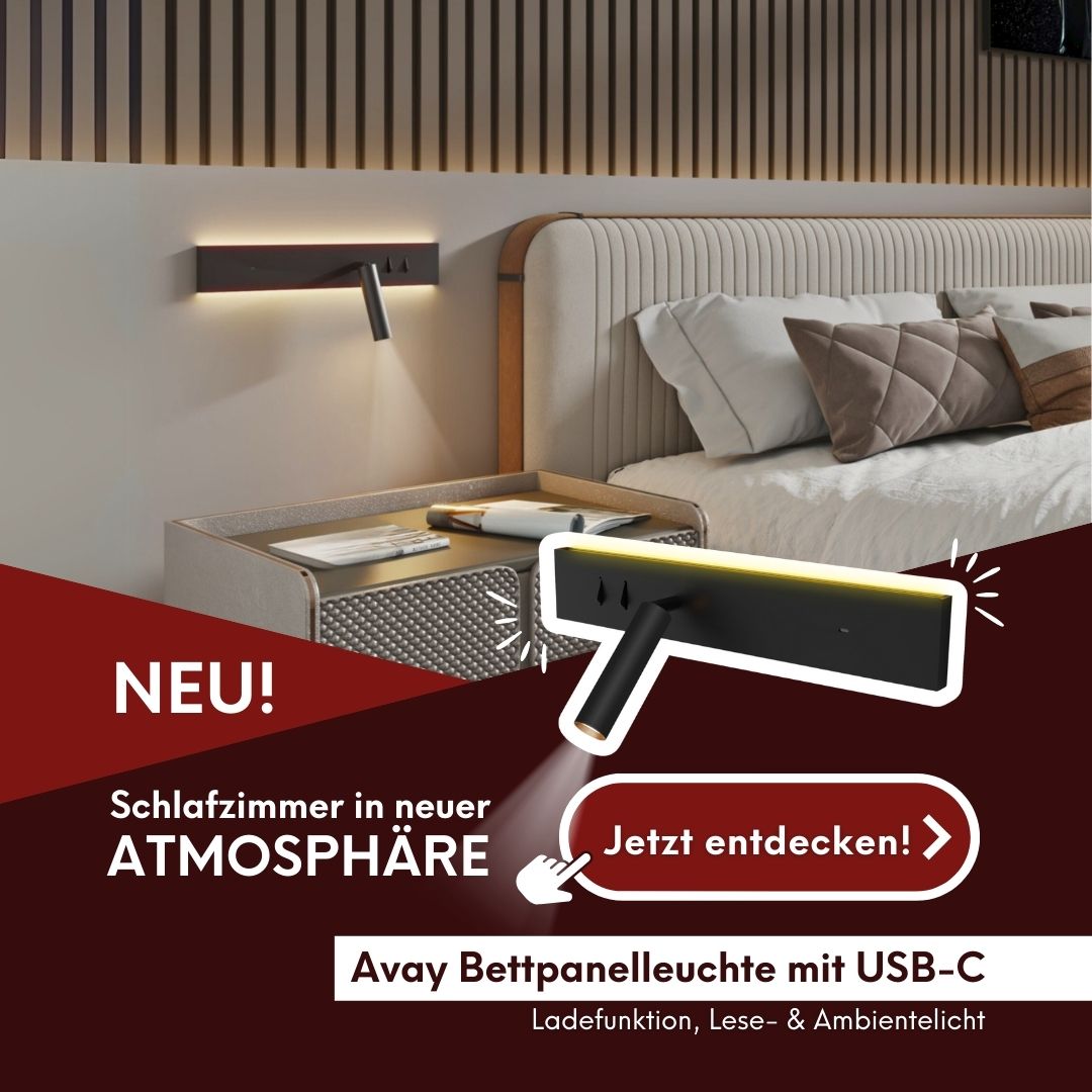 Moderne LED-Bettleuchte mit USB-C-Ladeanschluss, Lesespot und Ambientelicht – ideal für Hotelzimmer und Schlafzimmer