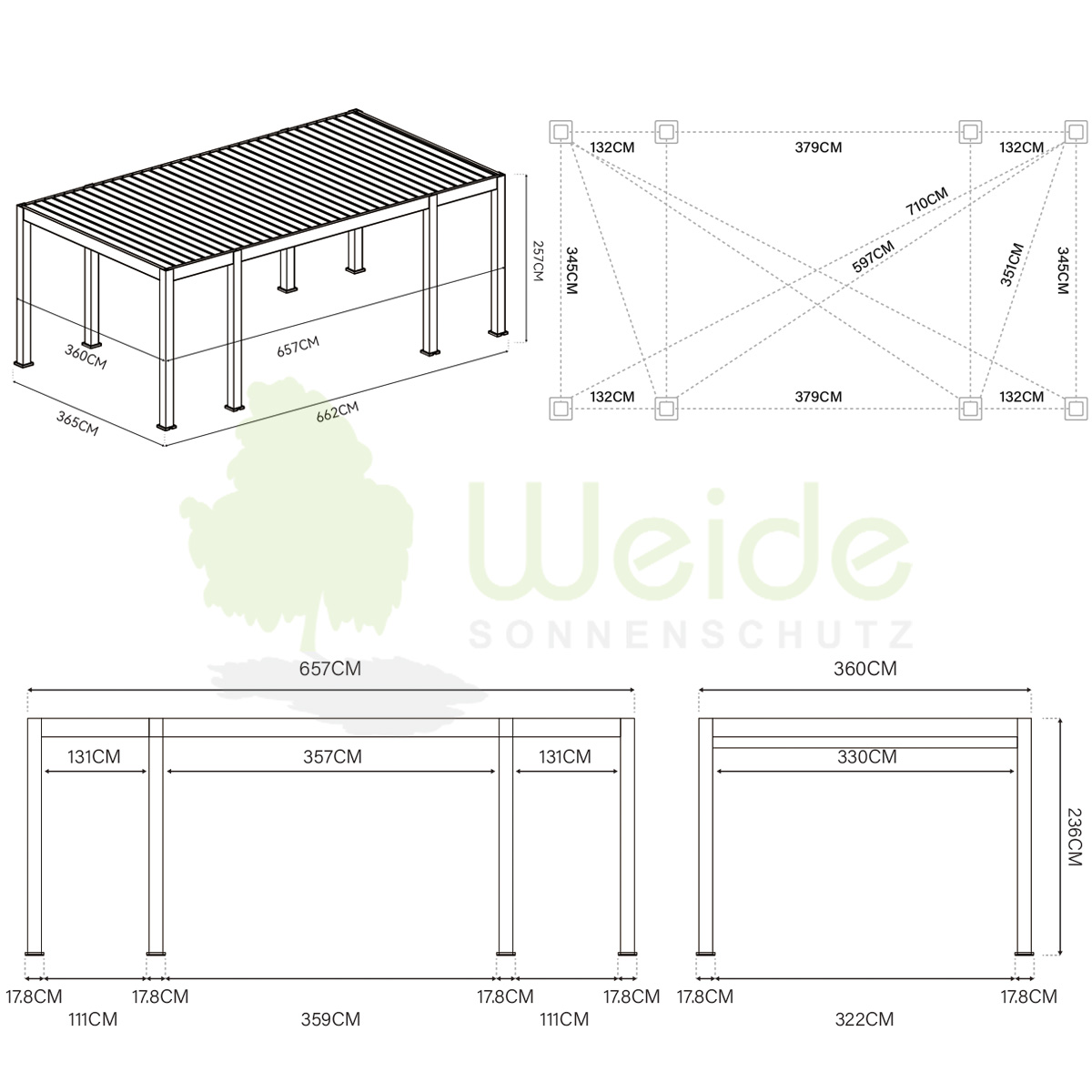 Weide Prestige 3,6x6,5 Pergola Maße
