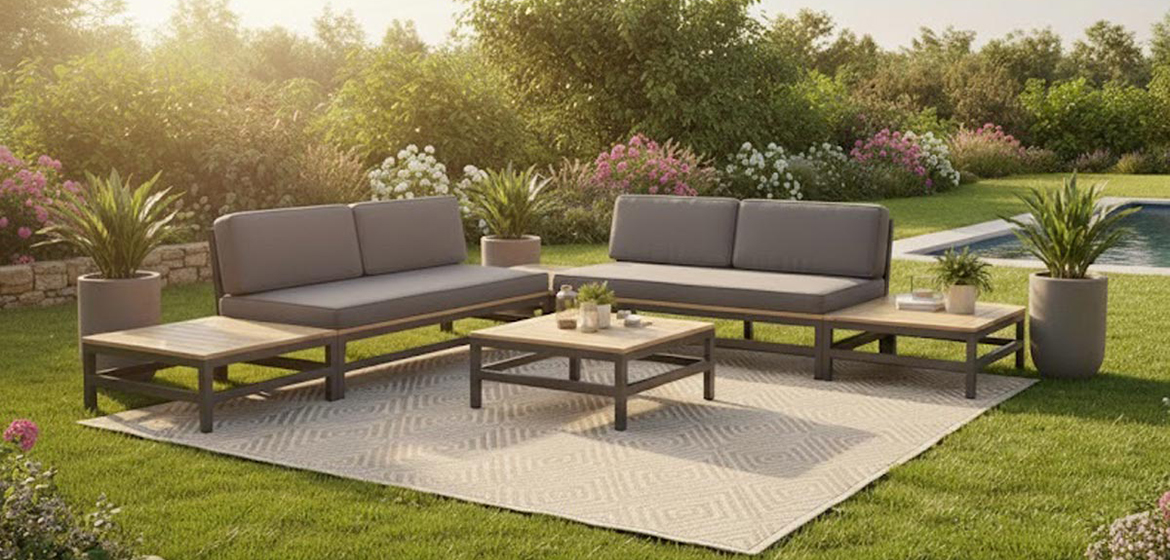 Gartenmöbel im Abverkauf – Lounge Set auf einer Terrasse im Garten