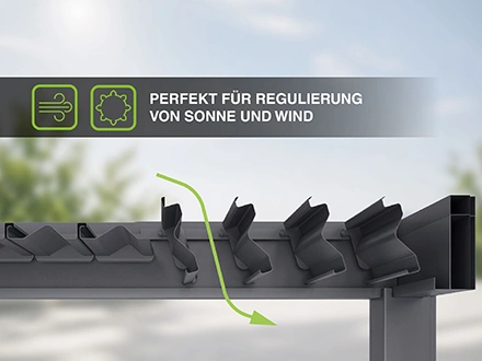 Pergola mit Luftzirkulation durch Kippen der Lamellen