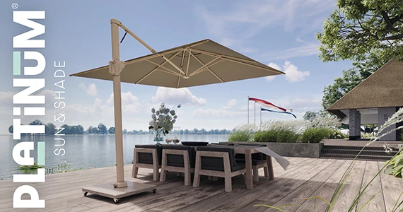 Platinum Sonnenschirm Beaufort steht auf einer Terrasse am Ufer der Nordsee