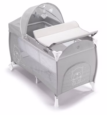 Baby Reisebett Daily Plus | für 0-36 Monate | Teddy Grau | Kinderreisebett inklusive Wickelunterlage und Transporttasche