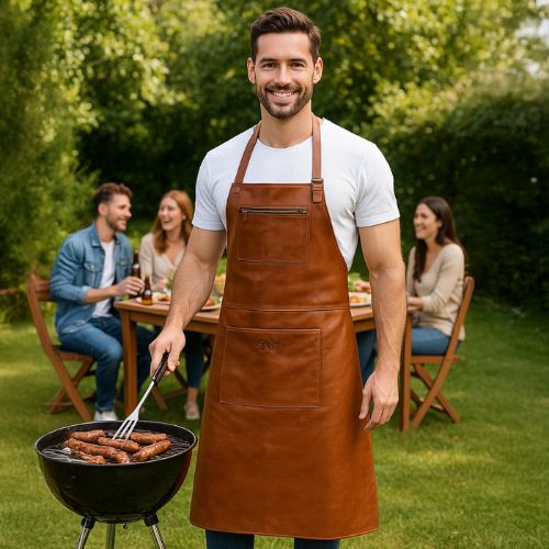 Sid & vain grillschürze Mann steht im Garten am grill