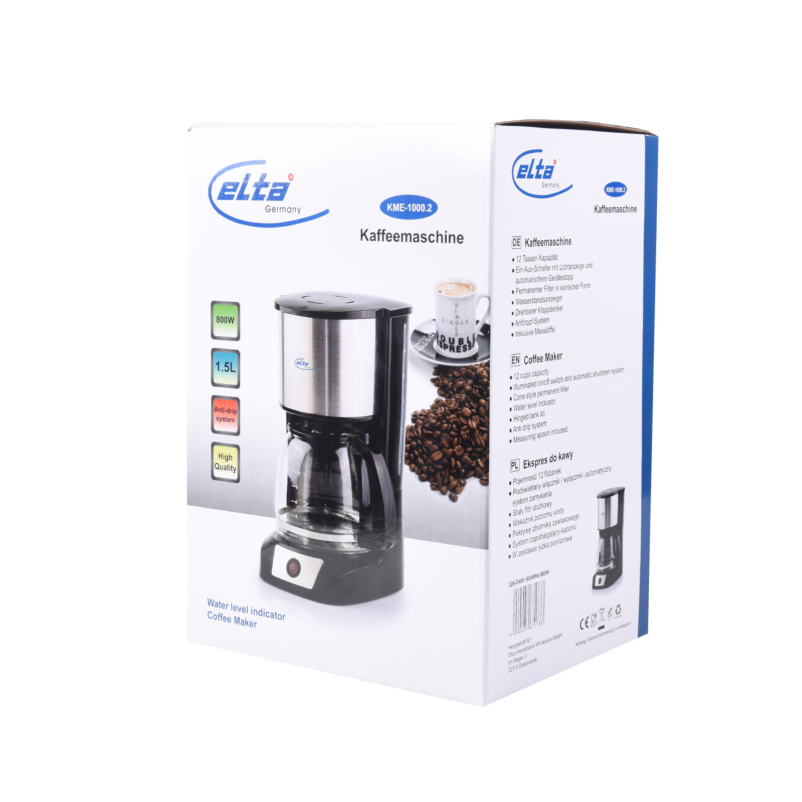 Schwarz ELTA Kaffeemaschine 12 Tassen 1,5 L 800 Watt