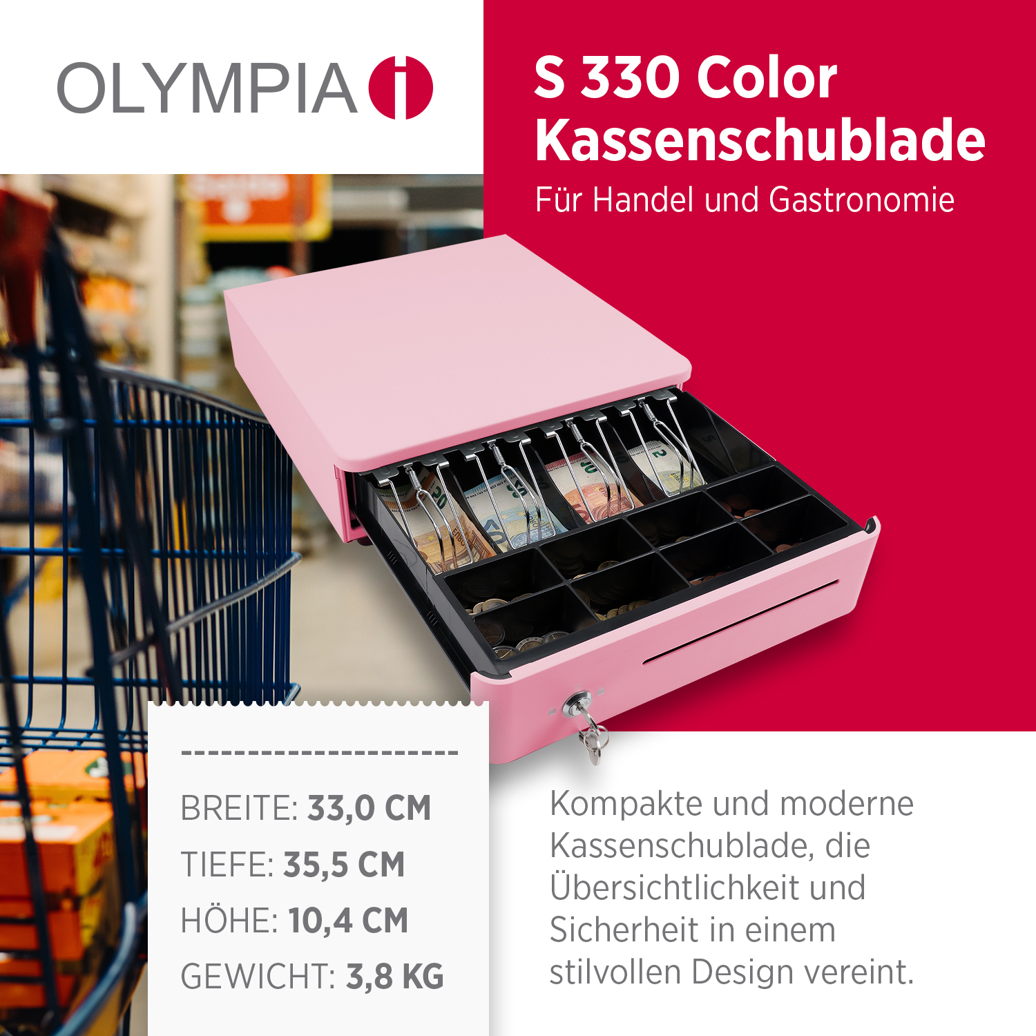 Kassenlade S 330 Color mit 8 Münzfächern und 4 Scheinfächern bonbon pink Kassenlade S 330 Color mit 8 Münzfächern und 4 Scheinfächern bonbon pink