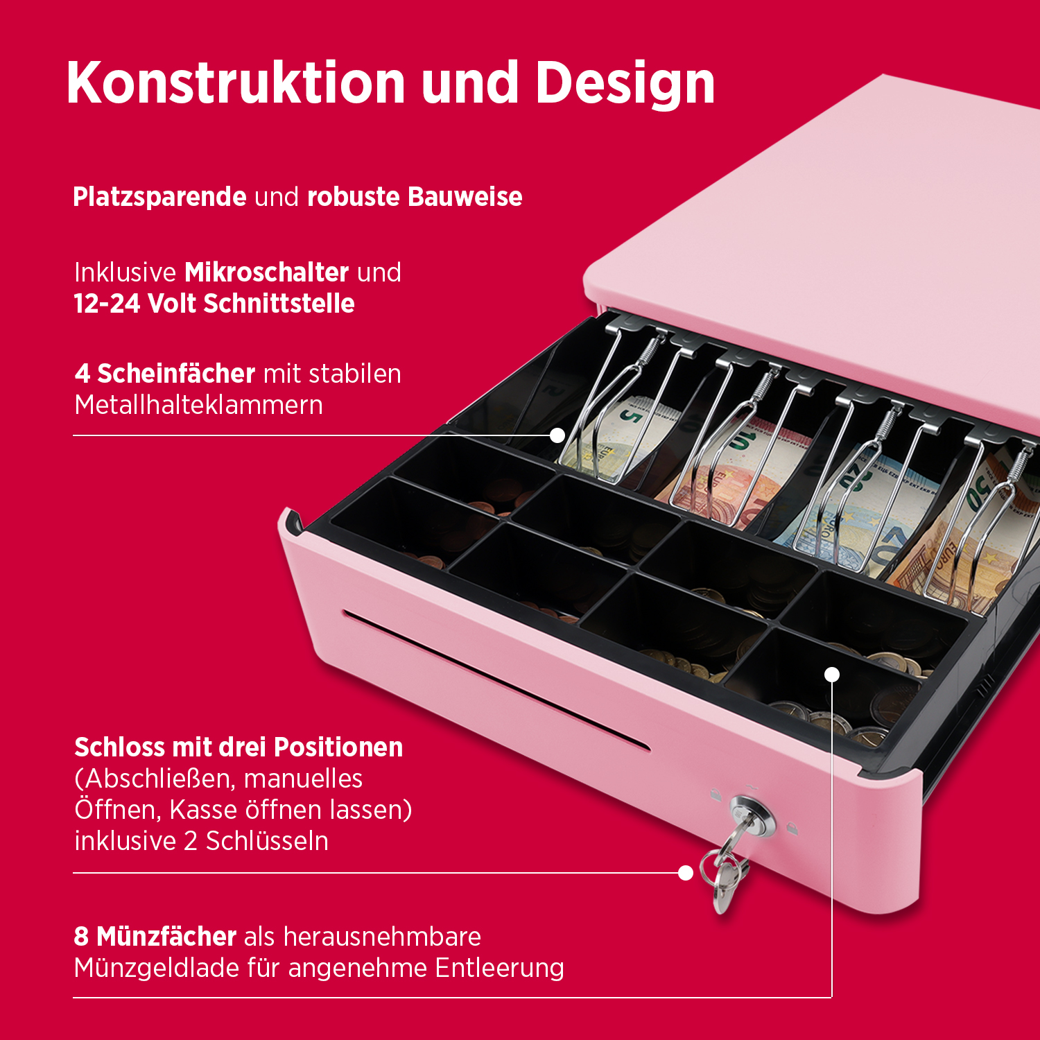 Kassenlade S 330 Color mit 8 Münzfächern und 4 Scheinfächern bonbon pink Kassenlade S 330 Color mit 8 Münzfächern und 4 Scheinfächern bonbon pink
