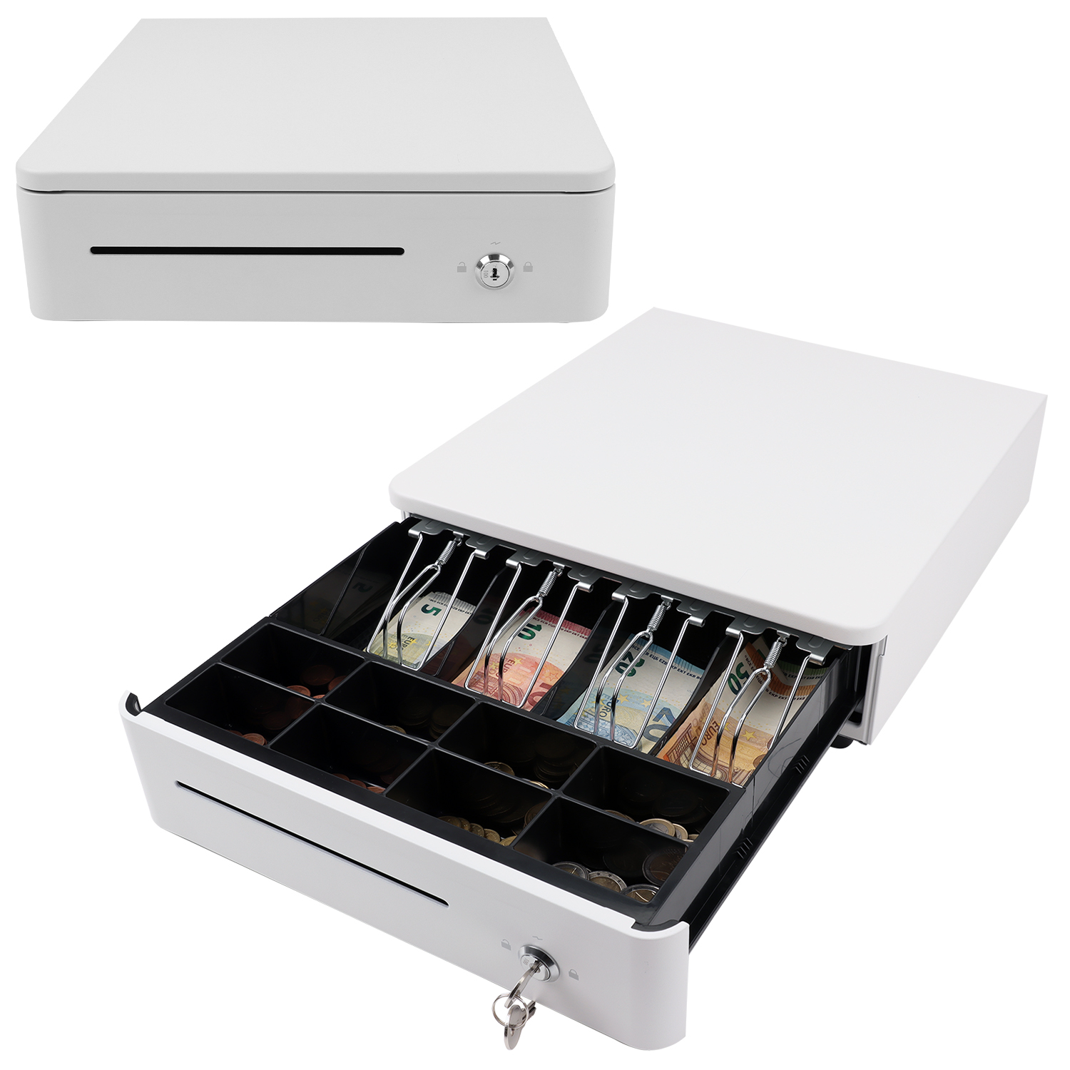 Kassenlade S 330 Color mit 8 Münzfächern und 4 Scheinfächern weiß Kassenlade S 330 Color mit 8 Münzfächern und 4 Scheinfächern weiß