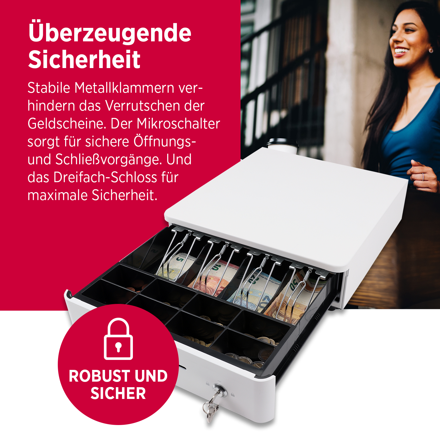 Kassenlade S 330 Color mit 8 Münzfächern und 4 Scheinfächern weiß Kassenlade S 330 Color mit 8 Münzfächern und 4 Scheinfächern weiß