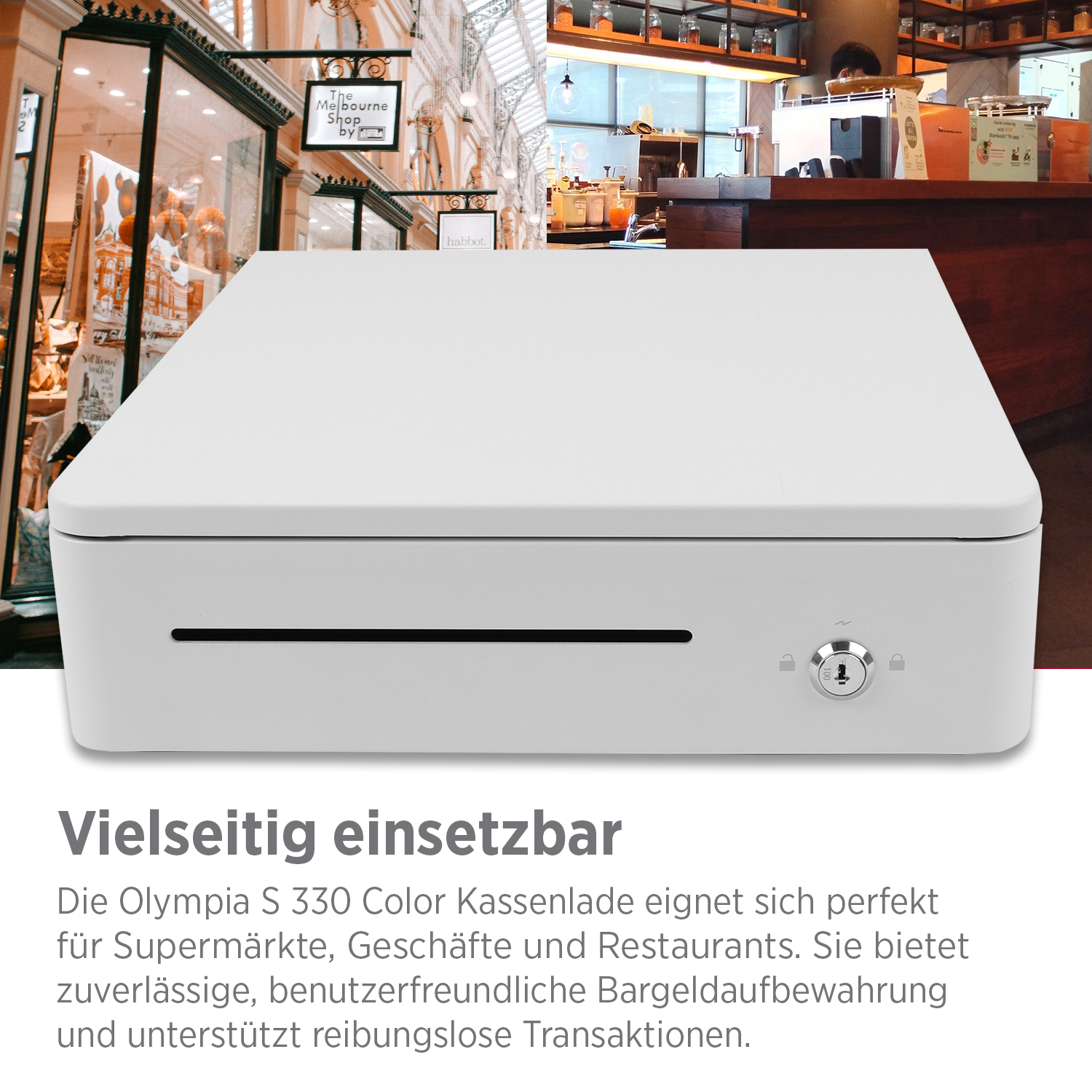 Kassenlade S 330 Color mit 8 Münzfächern und 4 Scheinfächern weiß Kassenlade S 330 Color mit 8 Münzfächern und 4 Scheinfächern weiß