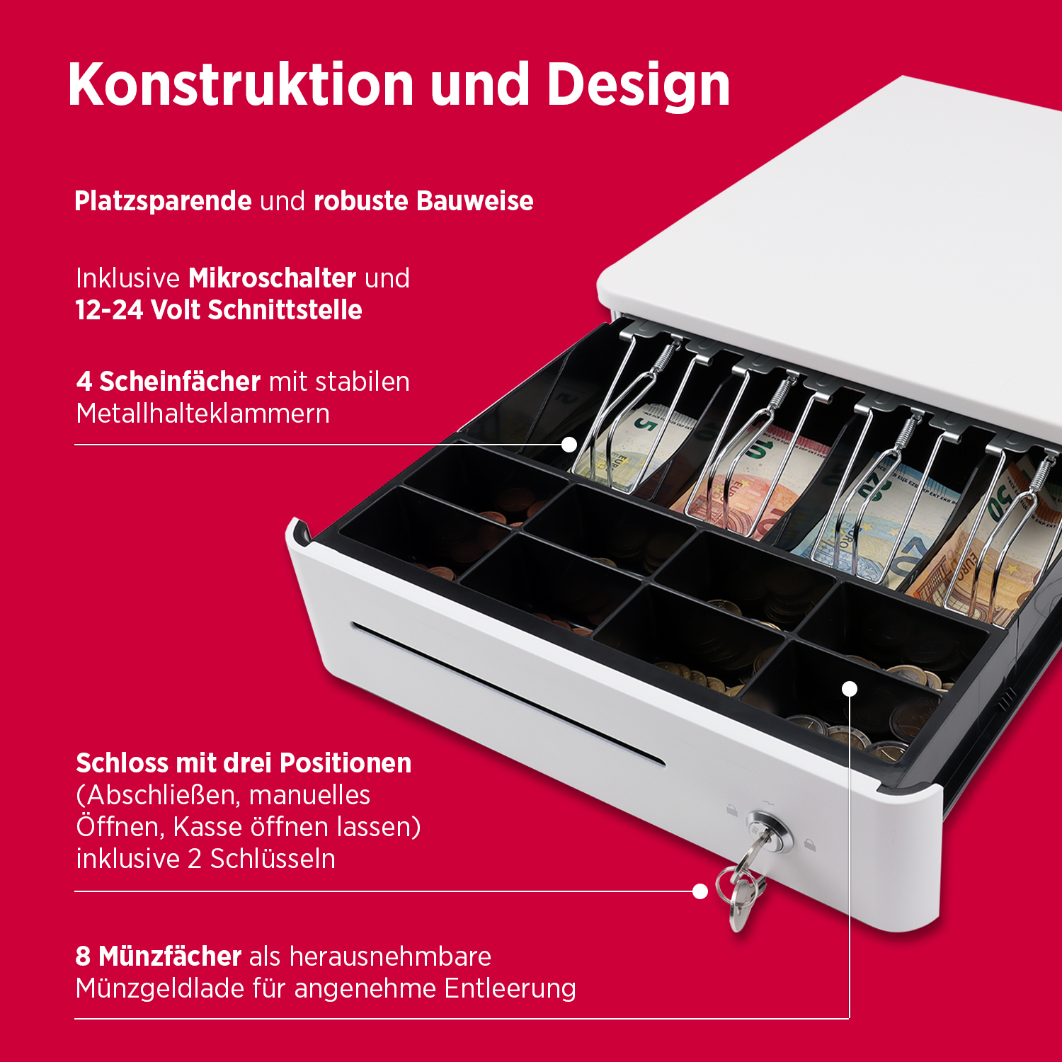 Kassenlade S 330 Color mit 8 Münzfächern und 4 Scheinfächern weiß Kassenlade S 330 Color mit 8 Münzfächern und 4 Scheinfächern weiß