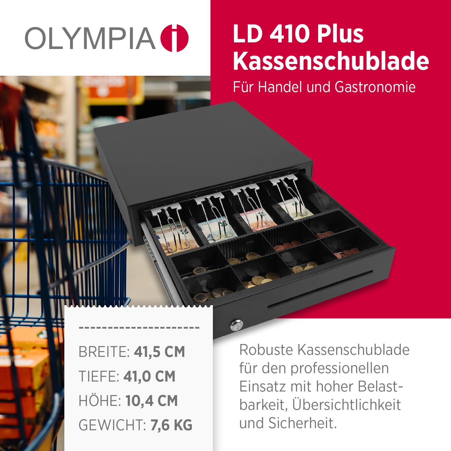 Olympia LD 410 Plus Kassenlade Vollmetall Kassenschublade mit 8 Münz- & 4 Scheinfächern Schwerlastauszug RJ12 Anschluss Olympia LD 410 Plus Kassenlade Vollmetall Kassenschublade mit 8 Münz- & 4 Scheinfächern Schwerlastauszug RJ12 Anschluss