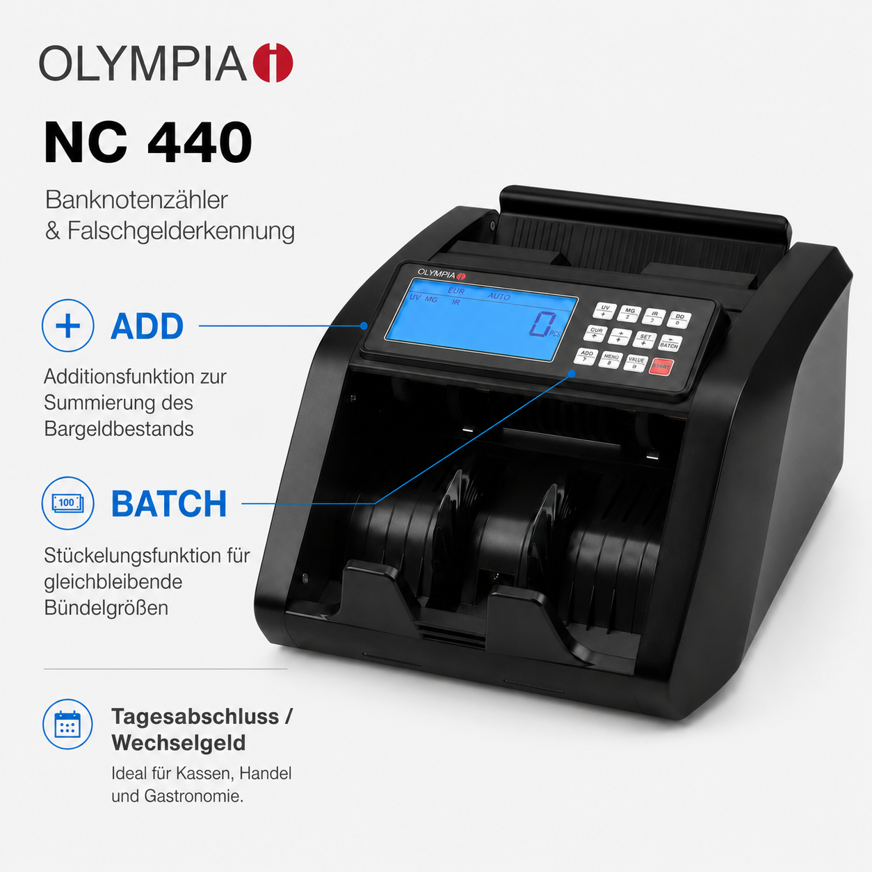 Geldzählgerät Olympia NC 440 – 1.000 Noten/Min mit UV MG IR DD Falschgelderkennung Geldzählgerät Olympia NC 440 – 1.000 Noten/Min mit UV MG IR DD Falschgelderkennung