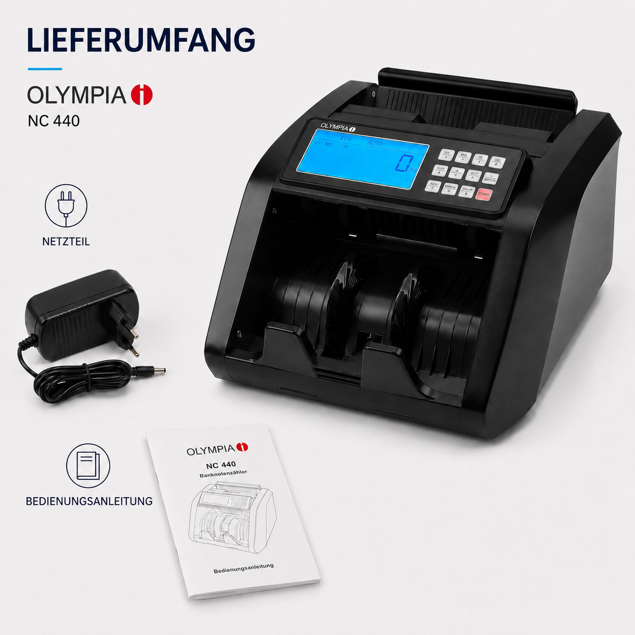 Geldzählgerät Olympia NC 440 – 1.000 Noten/Min mit UV MG IR DD Falschgelderkennung Geldzählgerät Olympia NC 440 – 1.000 Noten/Min mit UV MG IR DD Falschgelderkennung
