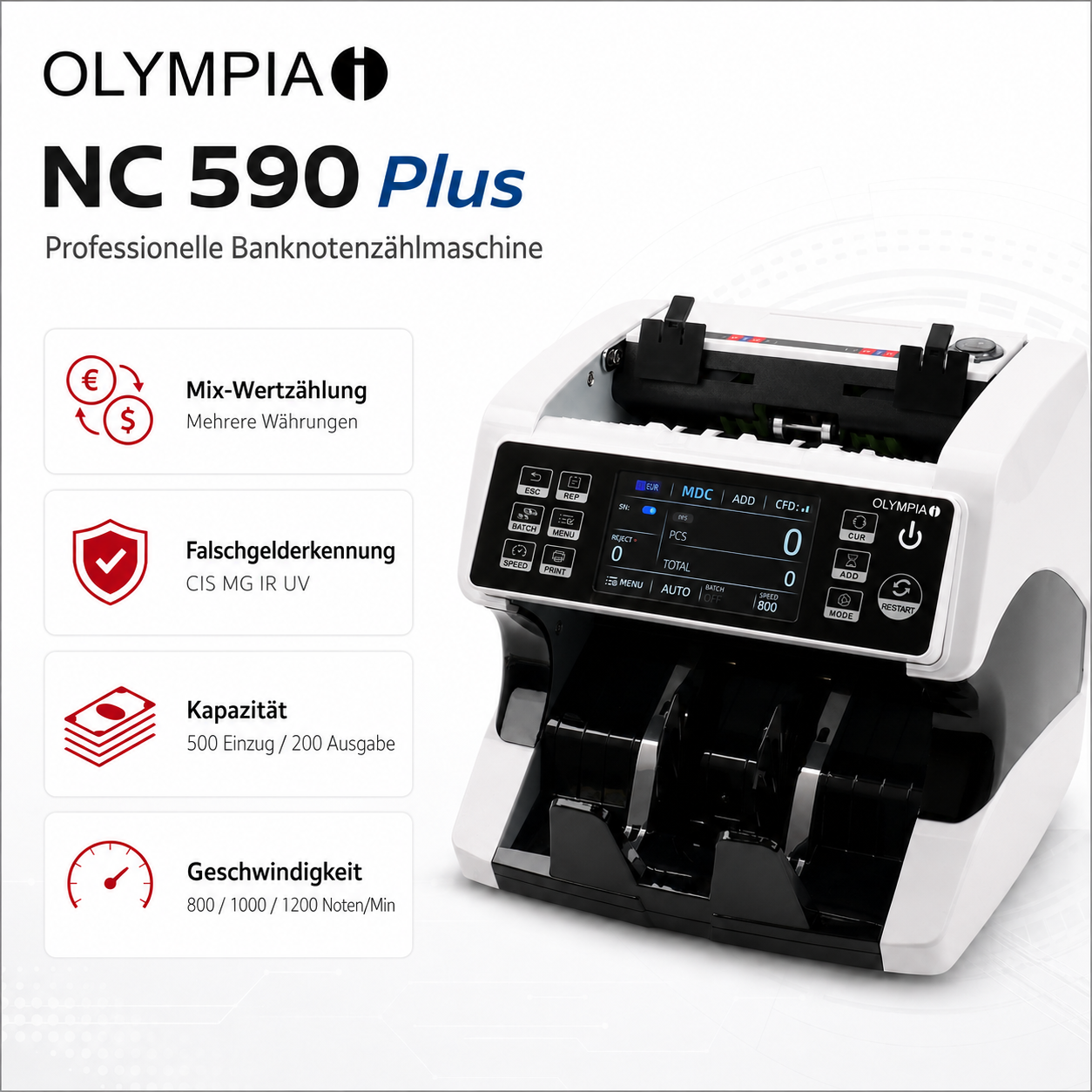 Banknotenzählgerät Olympia NC 590 Plus – Mix-Wertzählung mit Falschgelderkennung & Kundendisplay Banknotenzählgerät Olympia NC 590 Plus – Mix-Wertzählung mit Falschgelderkennung & Kundendisplay