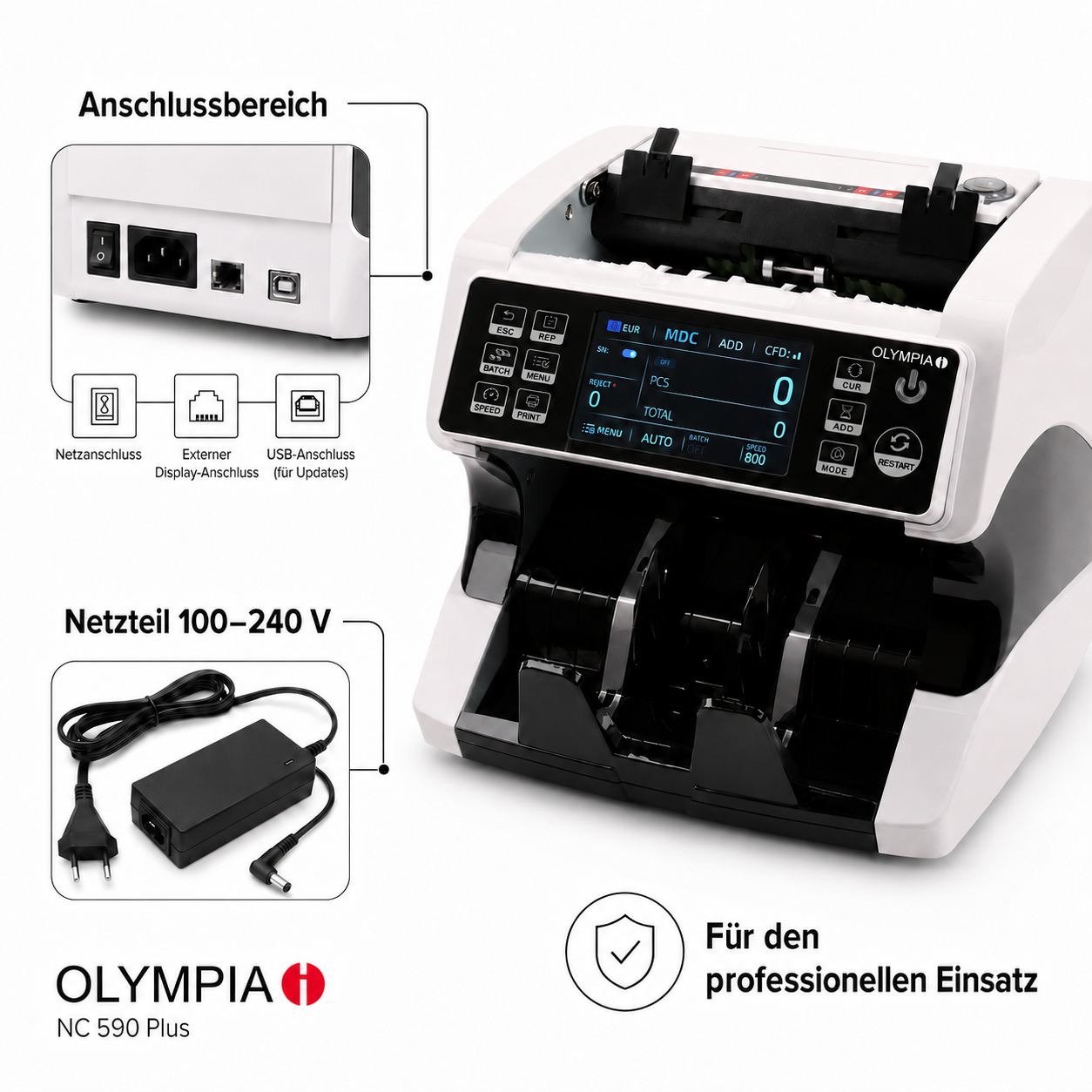 Banknotenzählgerät Olympia NC 590 Plus – Mix-Wertzählung mit Falschgelderkennung & Kundendisplay Banknotenzählgerät Olympia NC 590 Plus – Mix-Wertzählung mit Falschgelderkennung & Kundendisplay