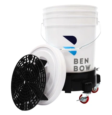 BENBOW Premium Set: Wascheimer 20L Weiß|Schwarz, Deckel, Schmutzsieb, Eimerwagen