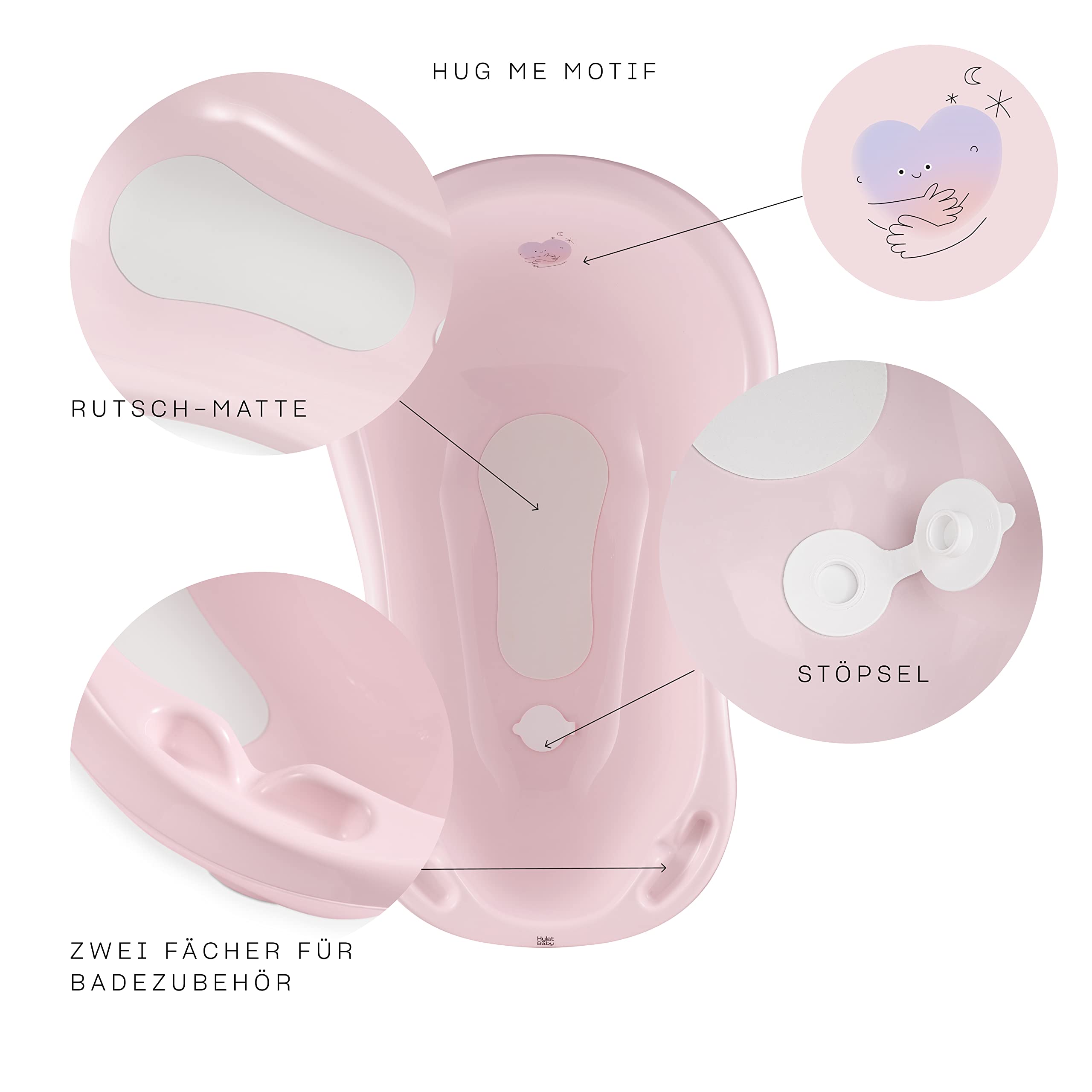 Hylat Baby Set: Baby bath with stand & stopper, baby bath insert, drain hose - stable and comfortable - for newborns and babies - Colour: Pink, Pattern: Hug Me