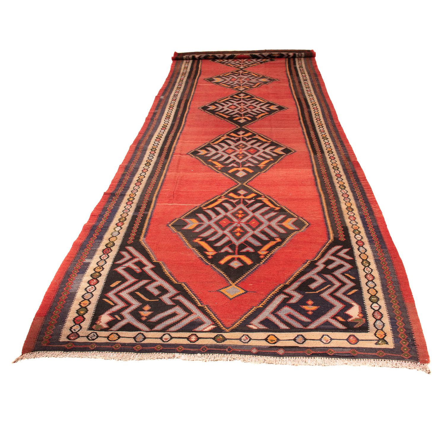 Biegacz Dywan Kelim - Stary - 440 x 140 cm - czerwony