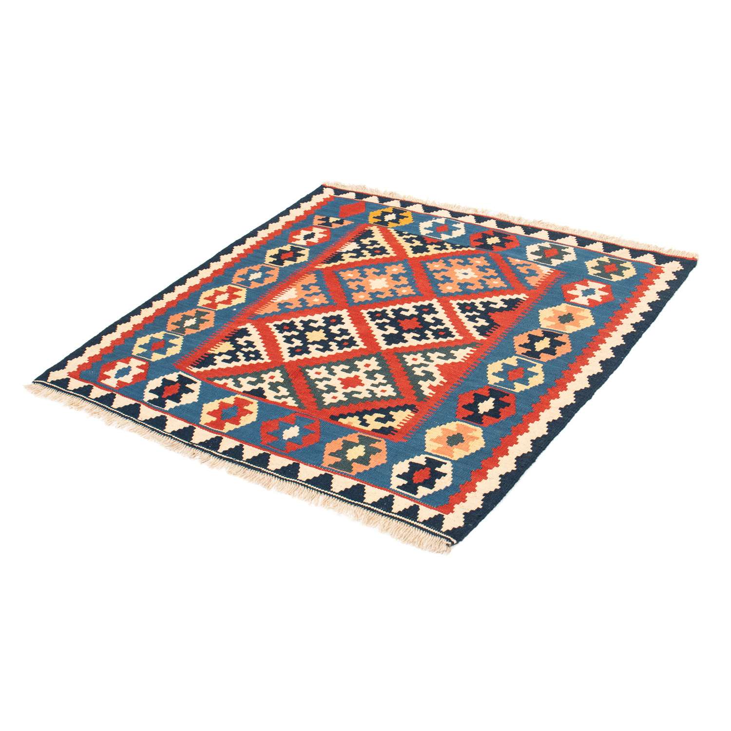 Kelim Carpet - orientalisk matta kvadrat  - 105 x 101 cm - mörkröd