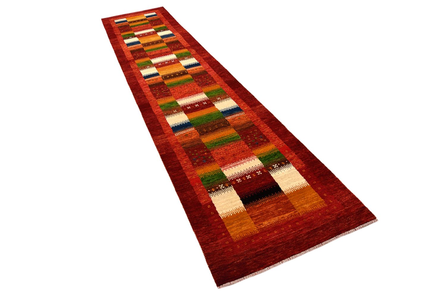 Runner Gabbeh-mattan - Loribaft Indus - 386 x 83 cm - röd