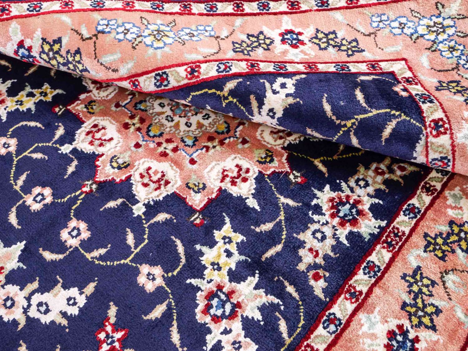 Alfombra de seda - Seda china - 123 x 77 cm - azul oscuro