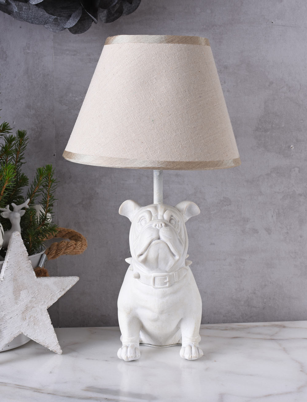 Mops Tischlampe Bulldogge Bulli Leuchte Weiss Tischleuchte