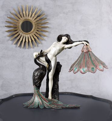 Tischlampe Jugendstil Leuchte Frauenakt Tischleuchte Lampe Pfau Nachttischlampe