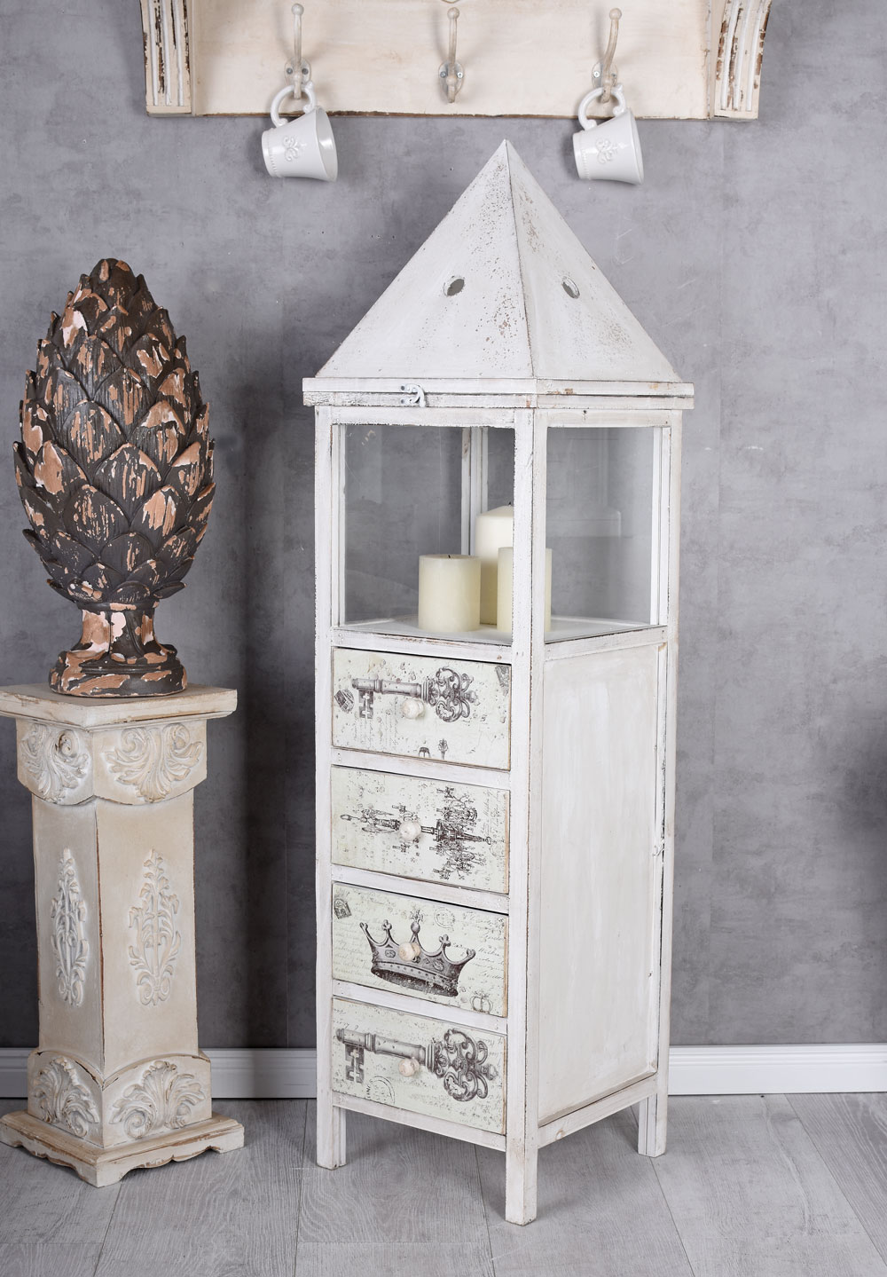 Vintage Kommode Laterne Shabby Windlicht Säule Kerzensäule Weiss