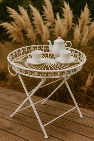 Grande Table De Jardin Vintage Métal Blanc – Style Shabby Chic Avec Ornements