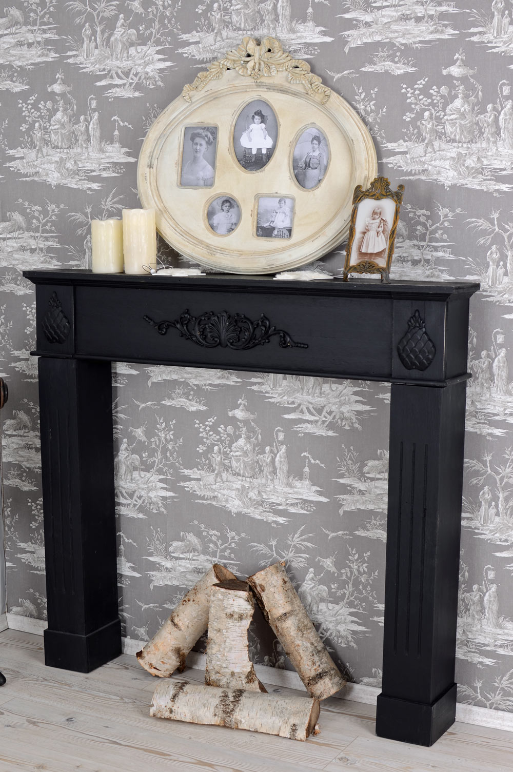 Kaminumrandung Antik Stil Schwarz Kaminkonsole Vintage Kamin Holzkamin