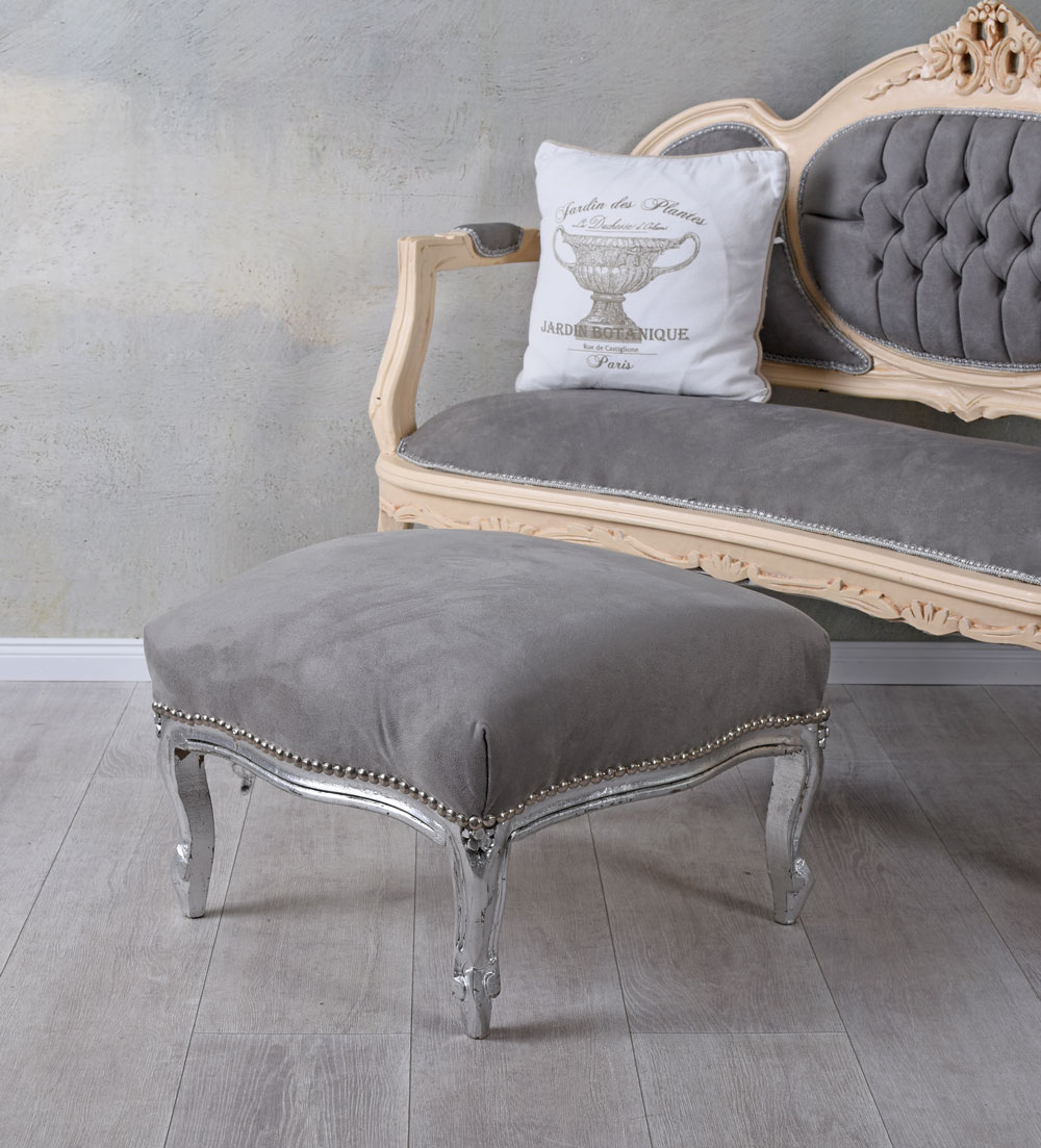 Reposapiés Puff Taburete Barroco Plata Vintage Madera Maciza Dormir