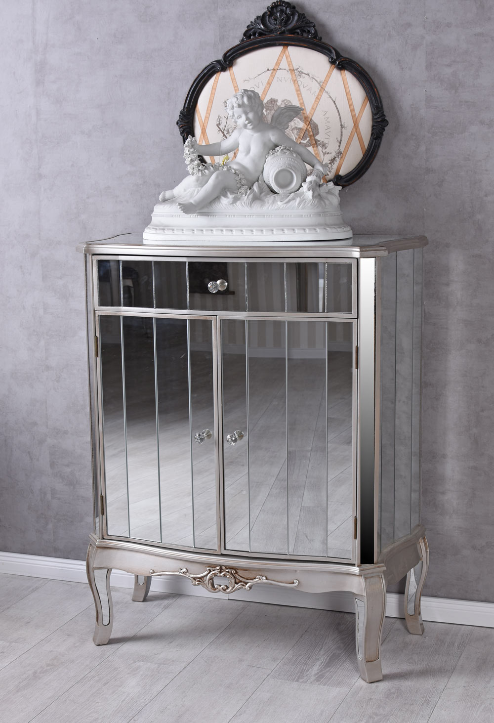 B-Ware Luxus Schrank verspiegelt Glasschrank Schubladenschrank Silber