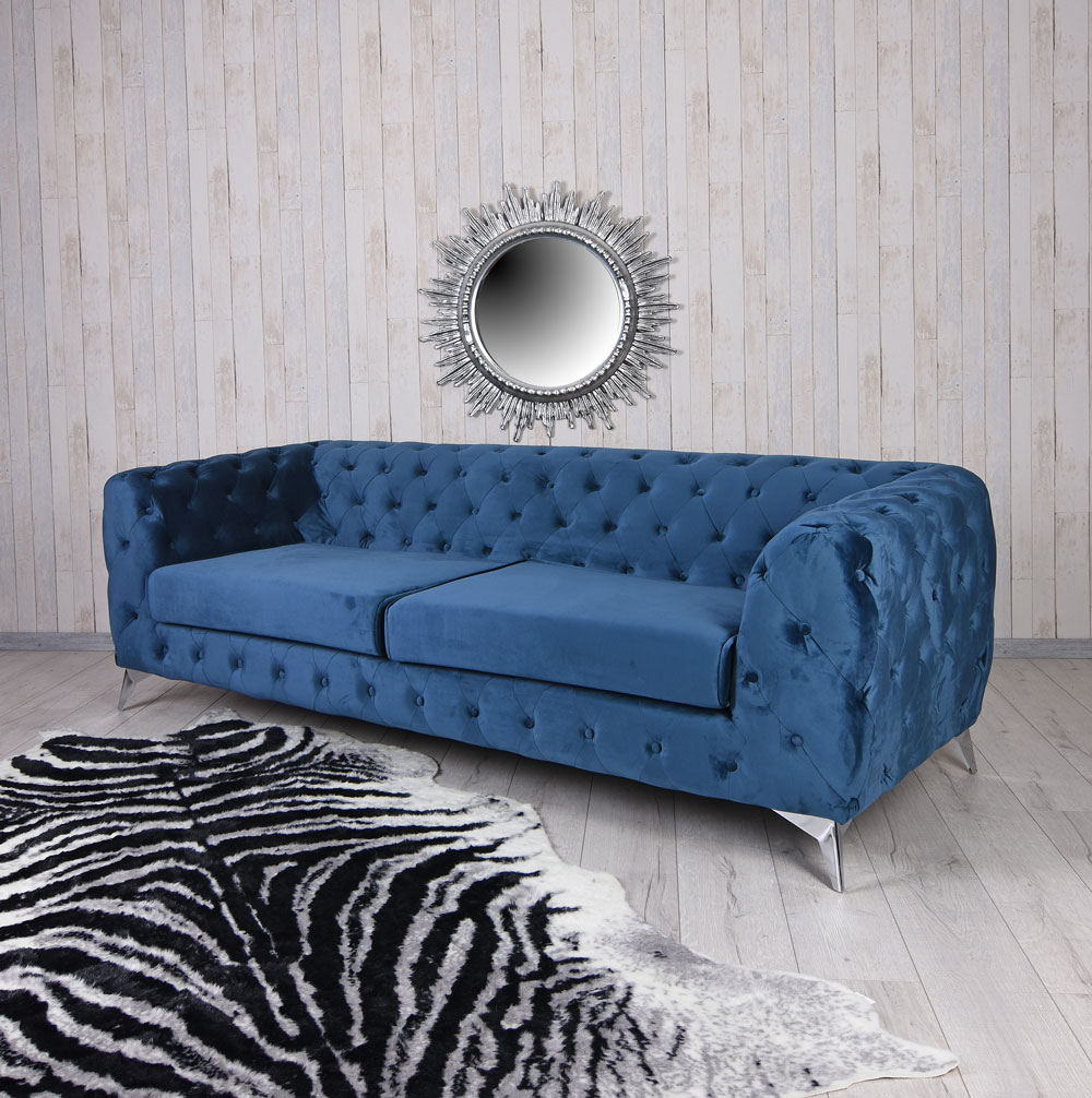 Chesterfield Sofa 3-Sitzer Barock Couch Samtsofa Marineblau Sitzmöbel Glamour