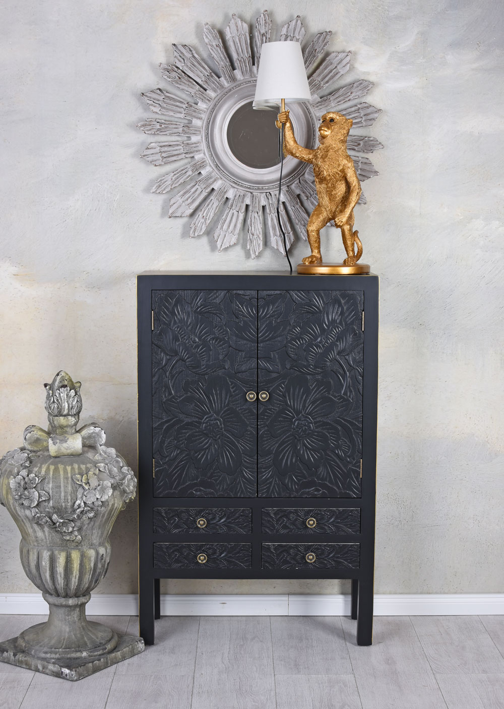 Highboard Holzschrank Schwarz Dielenschrank Schnitzereien Kommode 100cm