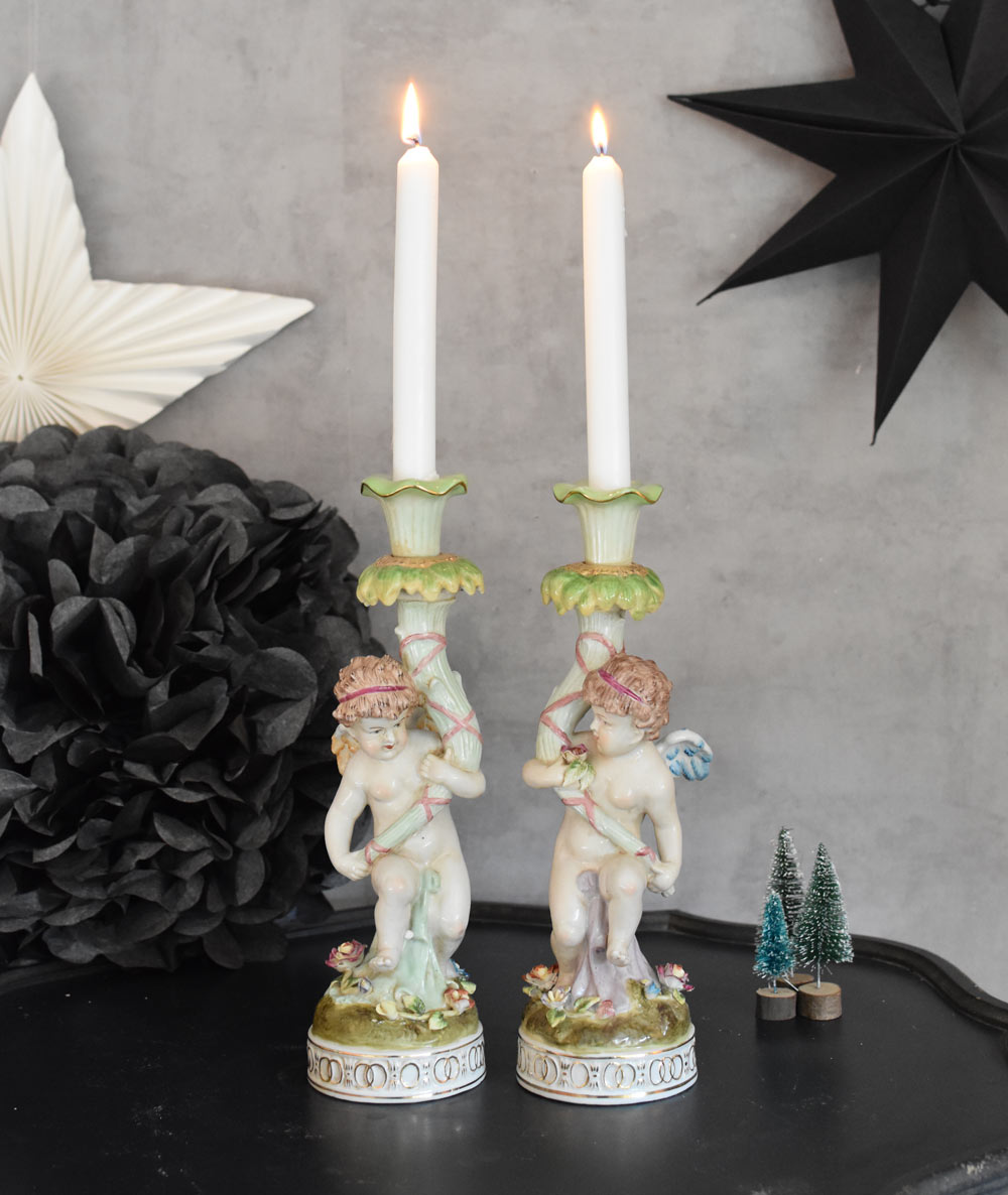 KERZENLEUCHTER 2er Set BAROCK PORZELLAN ENGEL Leuchter Kerzenhalter